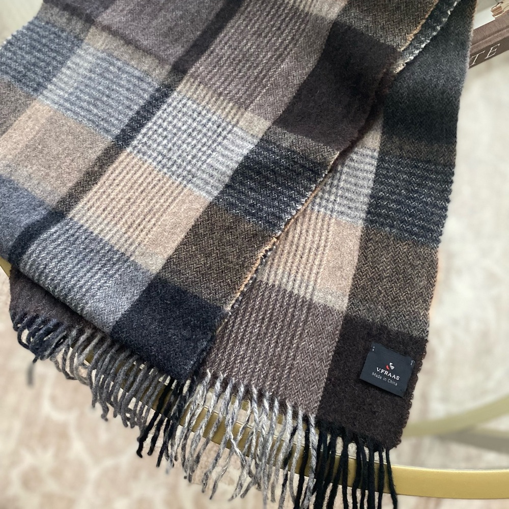 V. Fraas Wool Cashmere Plaid Fringe Scarf Brown Cream Gray Soft Classic
